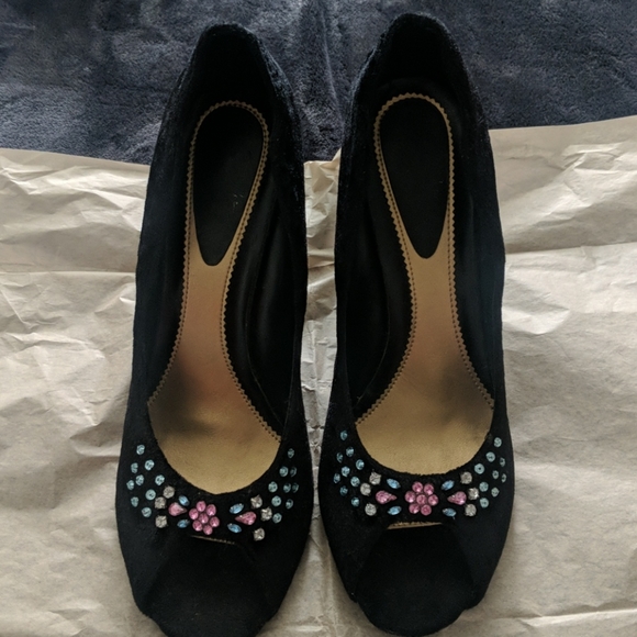 Bejeweled Velour Curved Peep Toe Heels - Picture 2 of 10